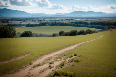Landscape view of grassland and mountains with blue sky background.の素材