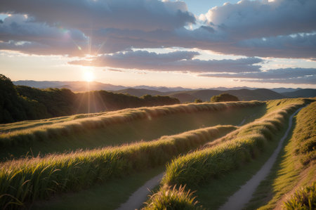 Sunset in the countryside with a path leading through the grasslandの素材