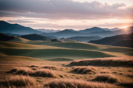 Beautiful sunset over rolling hills in the Carpathian mountains.の素材