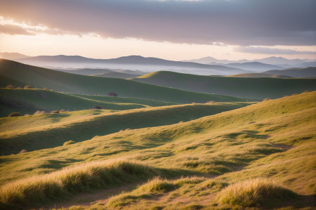 Sunset over rolling hills in the Val d'Orcia, Tuscanyの素材