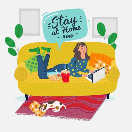 Stay home banner template.Quarantine or self-isolation. Health care concept. Fears of getting coronavirus. Global viral epidemic or pandemic. Trendy flat vector illustrationのイラスト素材
