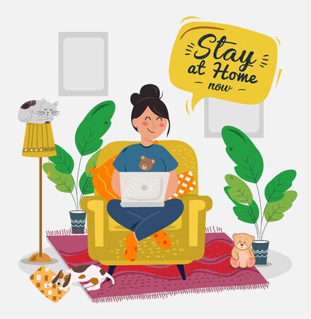 Stay home banner template.Quarantine or self-isolation. Health care concept. Fears of getting coronavirus. Global viral epidemic or pandemic. Trendy flat vector illustrationのイラスト素材