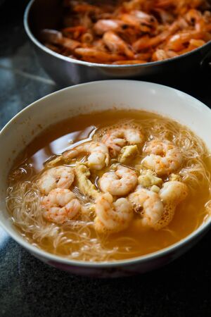 Asian Prawn Broth Noodle Dishの写真素材