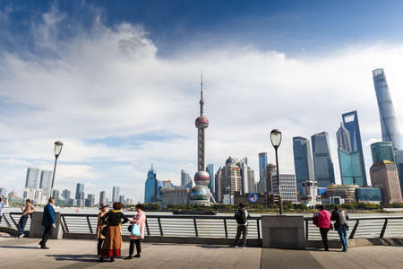 Tourists enjoying the Shanghai, China skyscapers