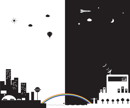 Vector illustration of a day city and a night city.のイラスト素材