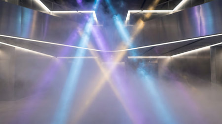A futuristic modern interior illuminated by geometric neon lights, vibrant colored beams, and dense atmospheric smoke creating a dynamic and abstract scene.