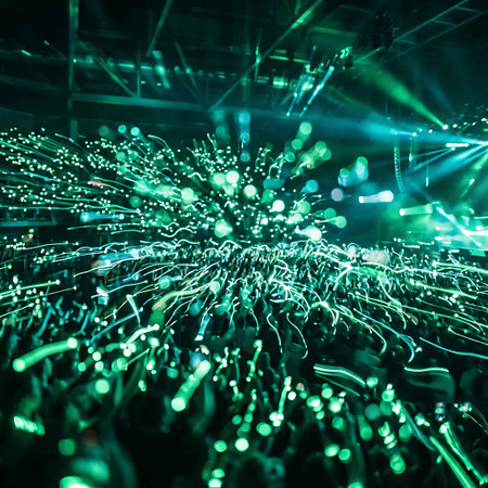 Vibrant green light trails in a nightclub setting