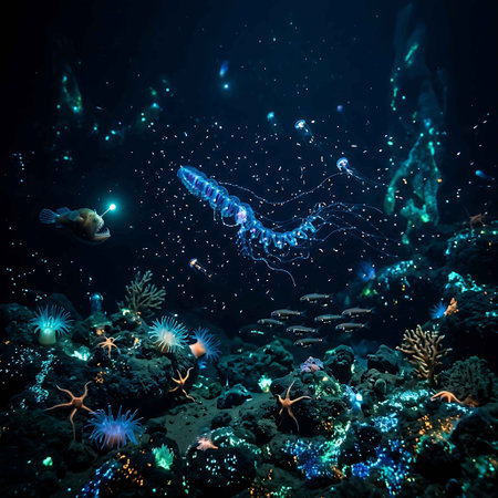 Deep sea environment teeming with diverse marine life including jellyfish anglerfish and starfish showcasing natural bioluminescence