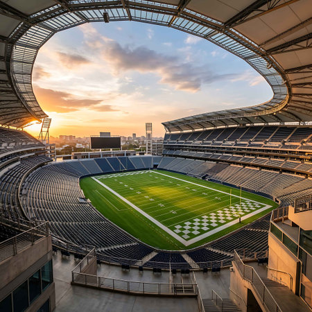 Spacious modern football stadium at sunset with empty seats visible illuminated by golden hour light