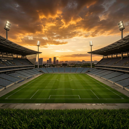 Vast soccer stadium bathed in the dramatic glow of a sunset sky with colorful clouds illuminating the city skyline in the background