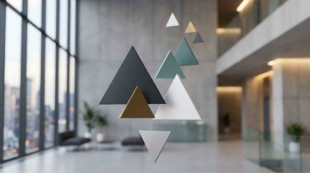 A modern office lobby featuring a geometric triangle sculpture with a city view through large windows.