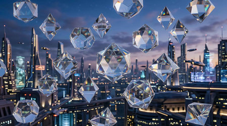 A surreal scene of floating crystals against a backdrop of a modern city skyline during twilight, suggesting a blend of technology and fantasy.