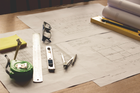 Architect desk ,Business,engineering concept, architecture concept, soft focus, vintage tone