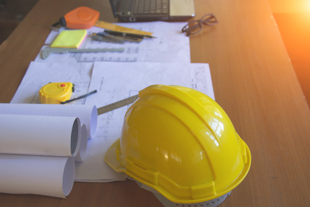 Architectural Office desk background construction project ideas concept, With drawing equipmentの写真素材