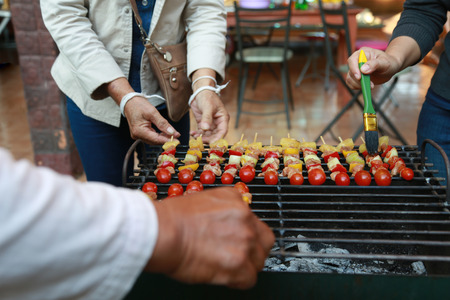 Barbeque Grill Street Food in thailand,Eat outdoors in a happy family.の写真素材