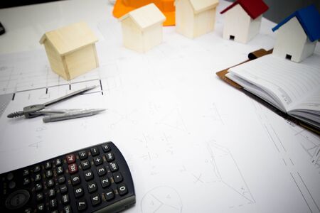 Architectural Office desk background construction project ideas concept, With drawing equipmentの写真素材