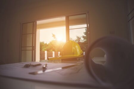 Architectural and Engineer Office desk background construction project ideas concept, with drawing equipmentの写真素材