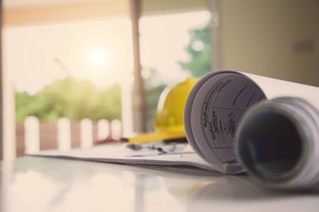 Architectural and Engineer Office desk background construction project ideas concept, with drawing equipmentの写真素材