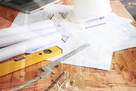 Architect desk ,Business,engineering concept, architecture concept, soft focus, vintage tone