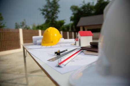 Architectural tool work site desk background construction project ideas concept, With drawing equipment conceptの写真素材