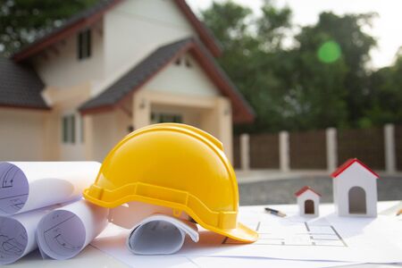 Architectural tool work site desk background construction project ideas concept, With drawing...