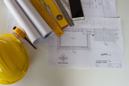 Architectural Office desk background construction project ideas concept, With drawing equipmentの写真素材