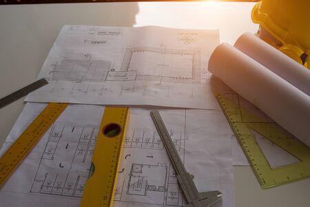 Architectural Office desk background construction project ideas concept, With drawing equipment