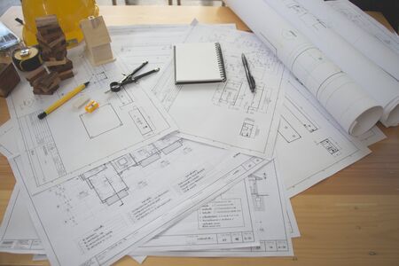 Architect desk ,Business,engineering concept,construction site, soft focus, vintage tone, working...