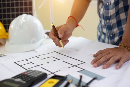 Architect drawings blueprint  at Construction Site.concept