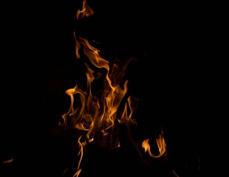 Fire flame caused by burning of wood on a black backgroundの写真素材