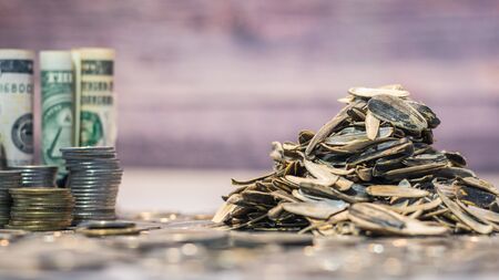 Stacks of coins on the white table, Money saving concept with copy specsの写真素材
