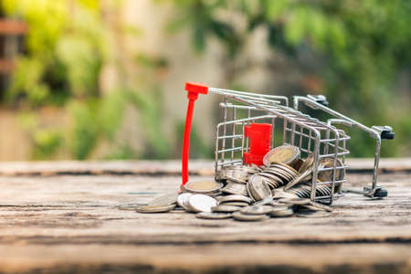 Close up coins and receipts paper on mini shopping cart with natural light background (Business and finance concept)の写真素材