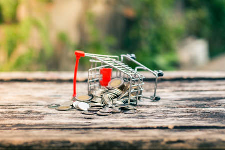 Close up coins and receipts paper on mini shopping cart with natural light background (Business and finance concept)の写真素材