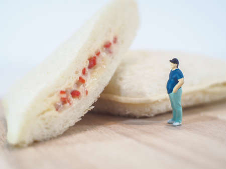 Miniature people, Fat man looks at tuna mayonnaise and crab sticks mayonnaise on white backgroundの写真素材