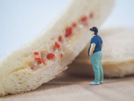 Miniature people, Fat man looks at tuna mayonnaise and crab sticks mayonnaise on white backgroundの写真素材