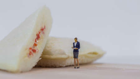Miniature people,  Woman checks the quality of sandwich bread on white background (Food 
and Business Concept)の写真素材