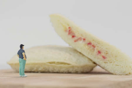 Miniature people, Fat man looks at tuna mayonnaise and crab sticks mayonnaise on white backgroundの写真素材
