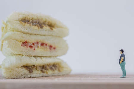 Miniature people, Fat man looks at tuna mayonnaise and crab sticks mayonnaise on white backgroundの写真素材