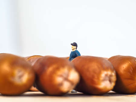 Miniature people : Close up fat man standing and looking at sausages isolated on white background (Food concept)の写真素材