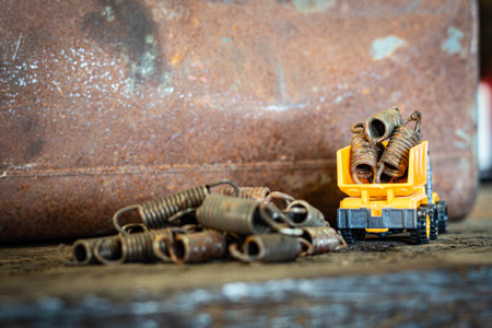 Yellow toy dump truck and typewriter tractor bulldozer with pile of old screws nuts and boltsの写真素材