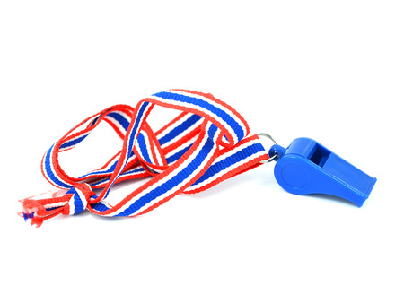 Blue whistle with Thailand national flag lanyard in heart shape on white backgroundの写真素材