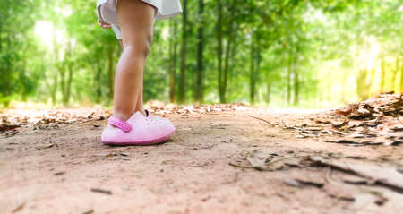 baby girl walks in a pathway with a wooded environment, children learning from urban forestの写真素材