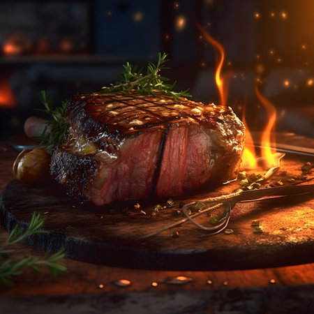 Grilled beef, rib-eye steak, medium rare, juicy, appetizing, served on a ready-to-eat plate AI Generativeの素材