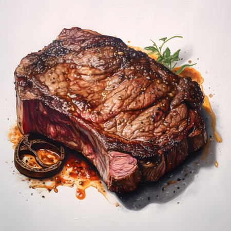 Grilled beef, rib-eye steak, medium rare, juicy, appetizing, served on a ready-to-eat plate AI Generativeの素材
