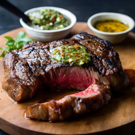 Grilled beef, rib-eye steak, medium rare, juicy, appetizing, served on a ready-to-eat plate AI Generativeの素材