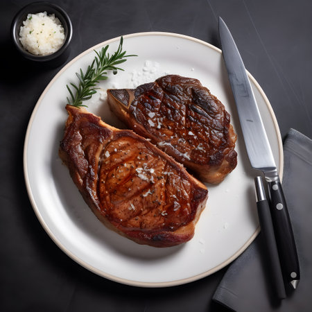 Grilled beef, rib-eye steak, medium rare, juicy, appetizing, served on a ready-to-eat plate AI Generativeの素材