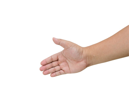 Close up hands  man with an open hand ready to seal a deal   isolated on white backgroundの写真素材