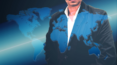 Portrait of a confident bearded businessman standing with his hands in pockets overlay world map  background  . Double exposure. isolated on white backgroundの写真素材