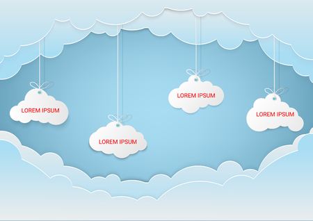 Speech Bubble or White blank hanging paper clouds. Sales design element, store decoration, price frame, message banner. cloud service technology.のイラスト素材