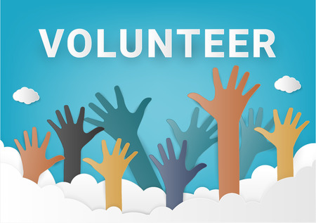 Colorful up hands. Raised hands volunteering vector concept.  paper art and craft style.のイラスト素材